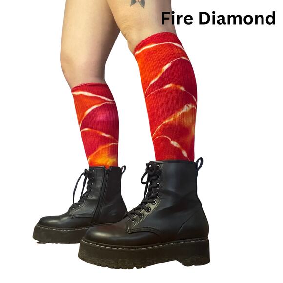 Ice Dyed Bamboo Socks - Tie Dye Stockings - Red Yellow Orange (One Size) - Picture 2 of 8